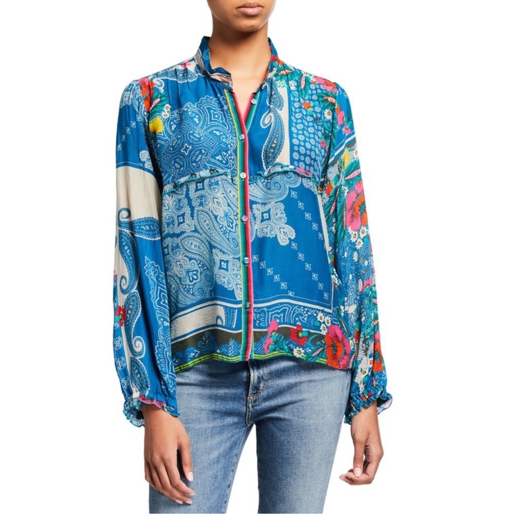 Johnny Was Blue And Red Patchwork Blouse - image 1